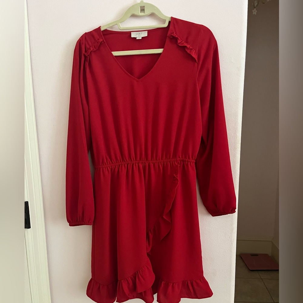 LOFT Red Long Sleeve V-Neck Dress